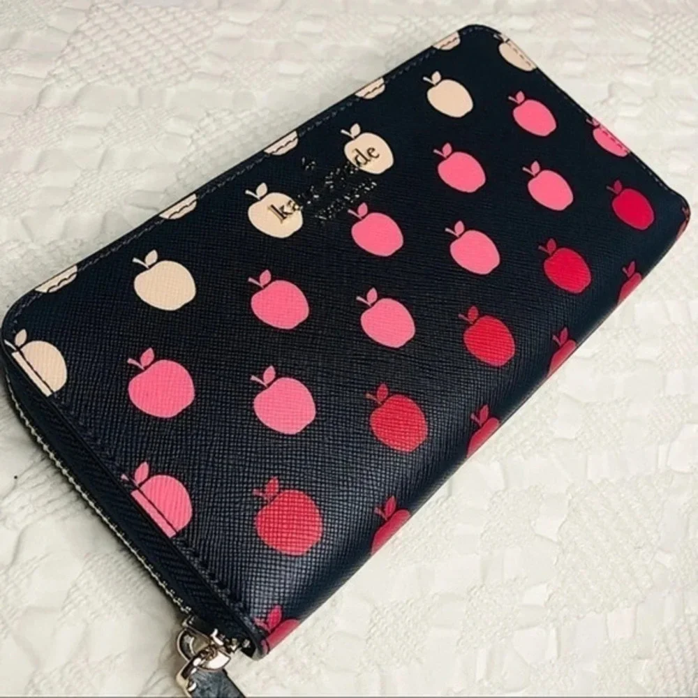 Kate Spade New York Apple Print Zip Around Wallet Black Leather Spade Lining NWT